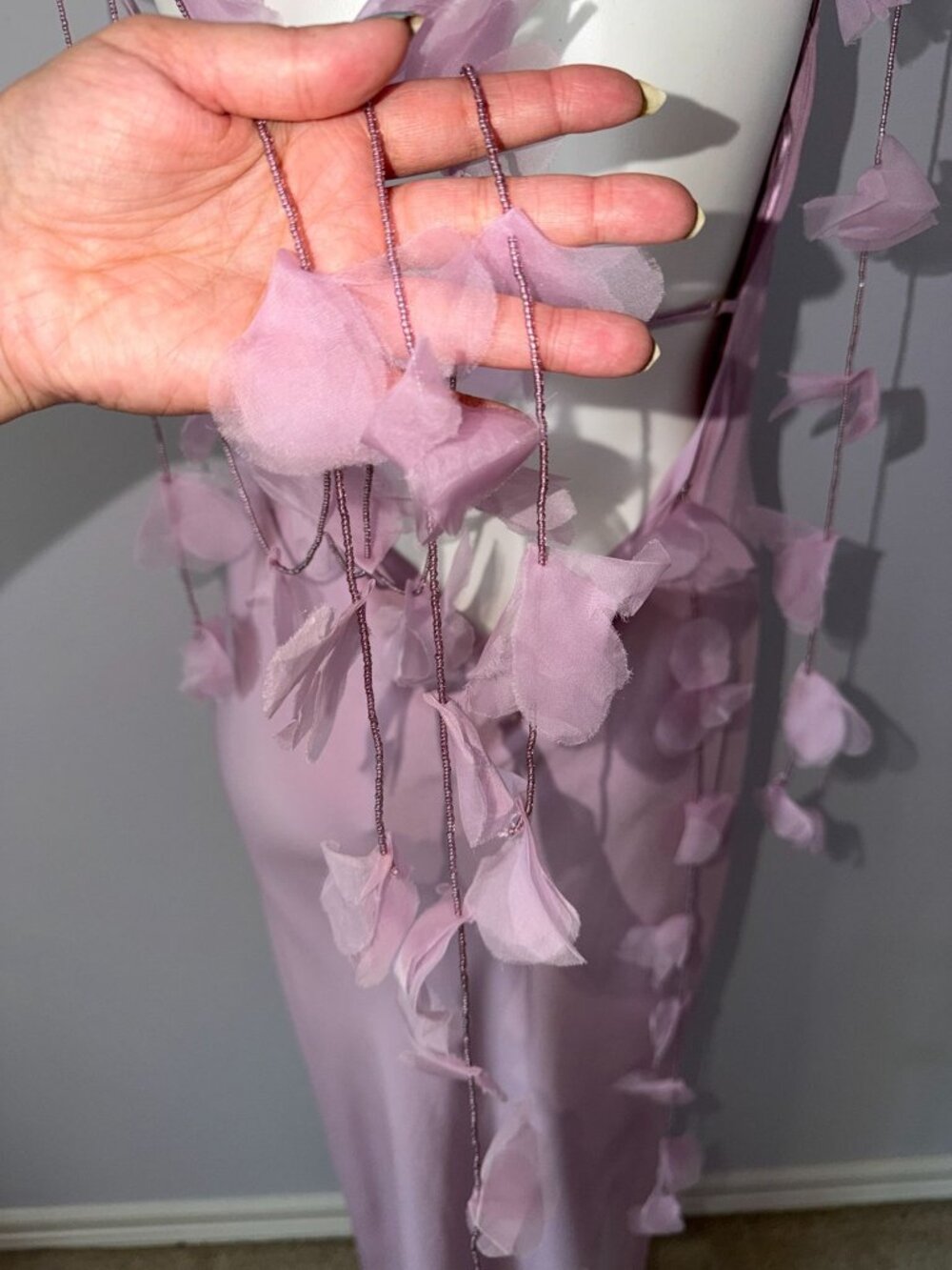 Cult Gaia Nymeria Silk Blend Cowl Neck Floral Applique Maxi Dress Large Lavender - Picture 7 of 12